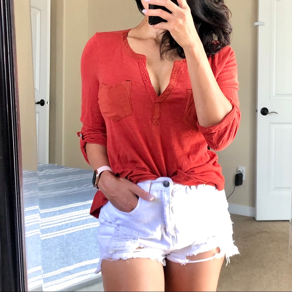 Anthropologie Rust Red Long Sleeve Henley Top